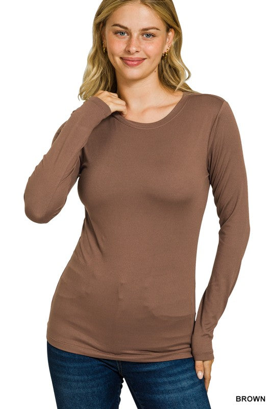 Brown Microfiber Long Sleeve Top - Catching Fireflies Boutique