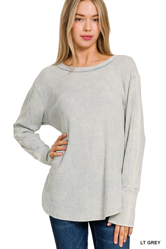 @/ Waffley Yours Light Grey Long Sleeve Waffle Top