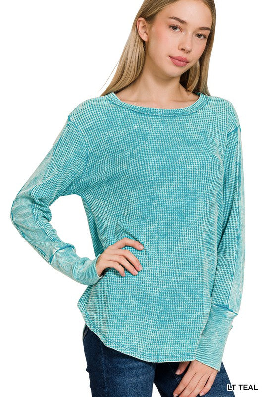 @/ Waffley Yours Light Teal Long Sleeve Waffle Top