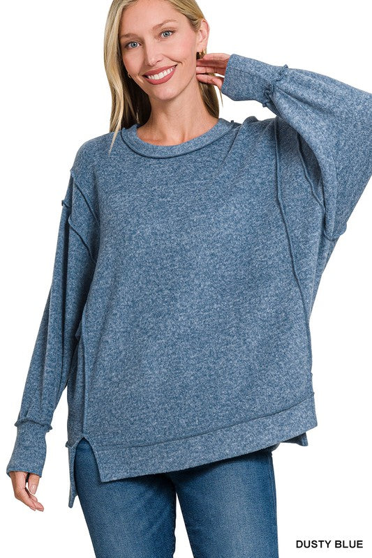 @Double Edged Dusty Blue Oversized Hi Low Hem Sweater (Size L/XL)