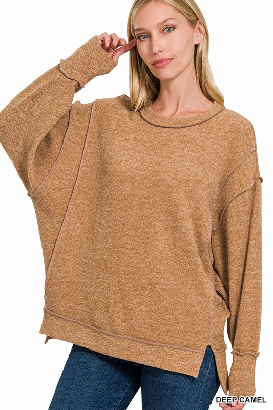 / Double Edged Deep Camel Oversized Hi Low Hem Sweater