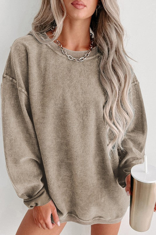 : Carefree Weekends Khaki Ribbed Knit Pullover Sweatshirt - Catching Fireflies Boutique