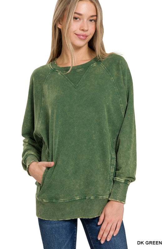 : Wear What You Love Dark Green Mineral Washed Pullover - Catching Fireflies Boutique