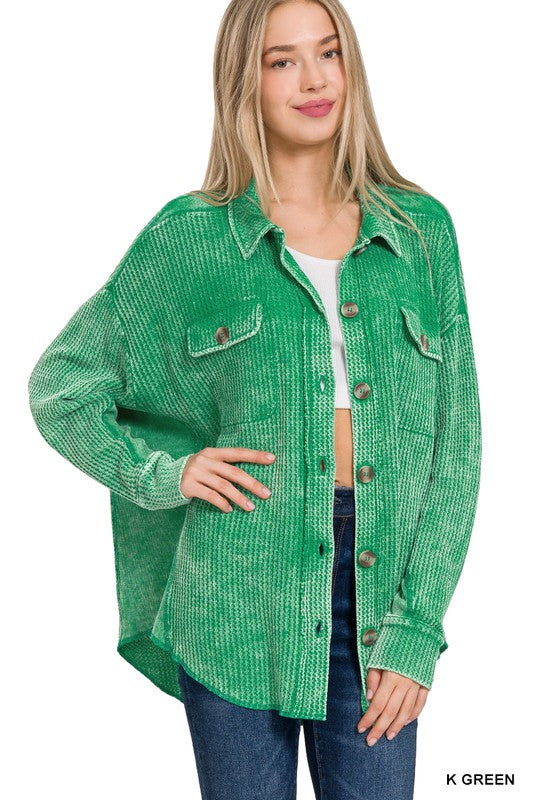 : Back Home Again Kelly Green Waffle Shacket - Catching Fireflies Boutique