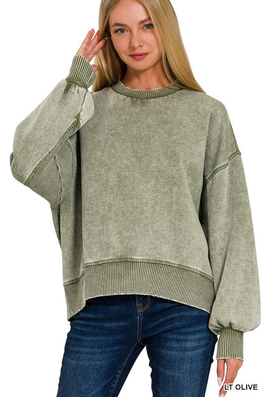 / Movies And Chill Light Olive Acid Washed Pullover - Catching Fireflies Boutique