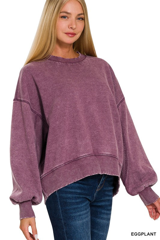 / Movies And Chill Eggplant Acid Washed Pullover - Catching Fireflies Boutique