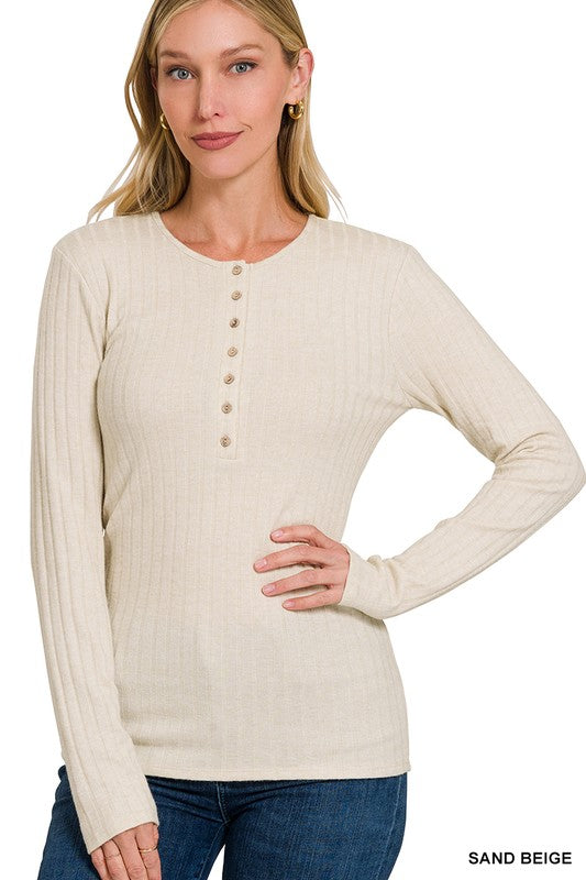 : Easy Peasy Sand Beige Ribbed Henley Top - Catching Fireflies Boutique