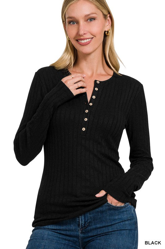 : Easy Peasy Black Ribbed Henley Top - Catching Fireflies Boutique
