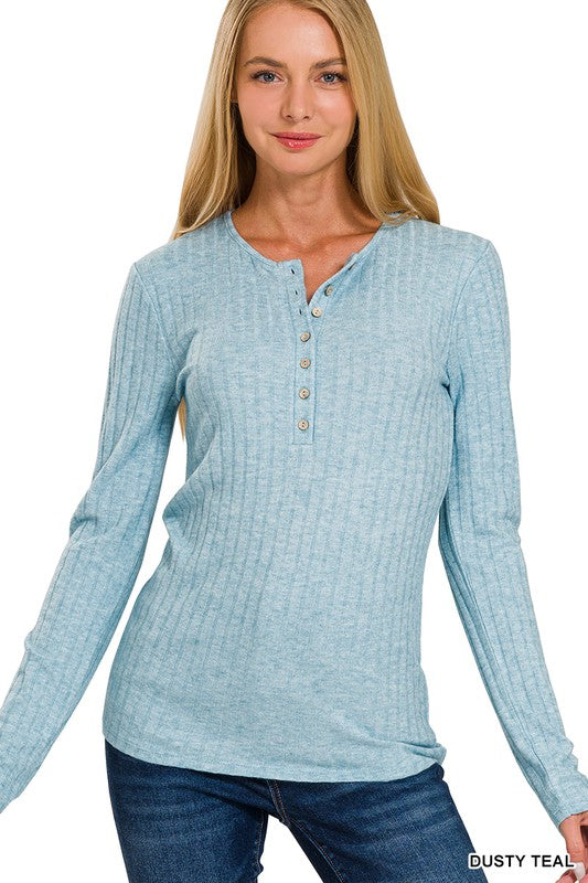 : Easy Peasy Dusty Teal Ribbed Henley Top - Catching Fireflies Boutique