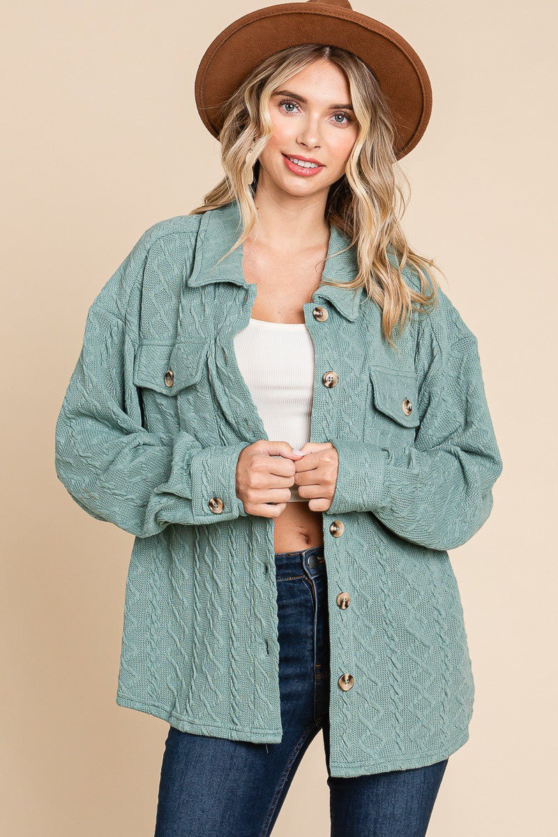 : Thoughts Of You Sage Cable Knit Shacket - Catching Fireflies Boutique