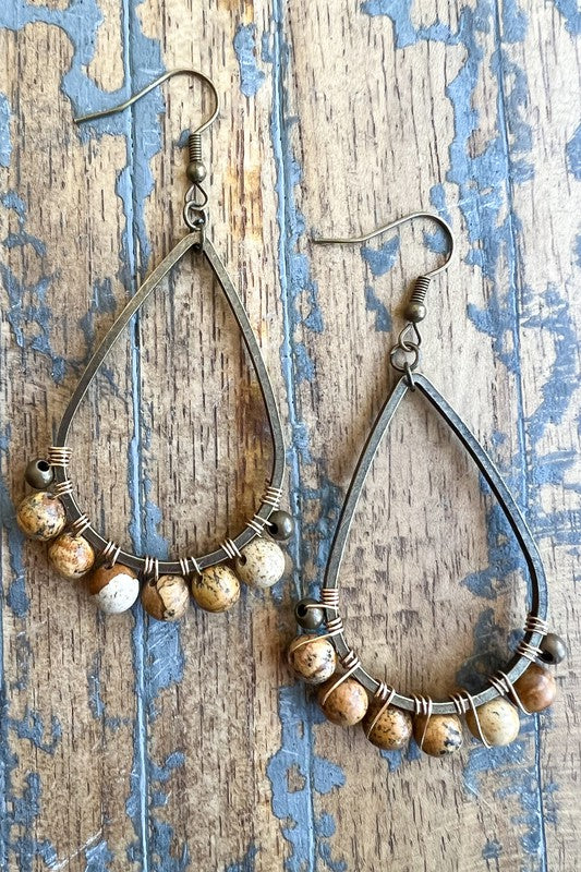 / Bronze Teardrop Natural Jasper Stone Beaded Earrings