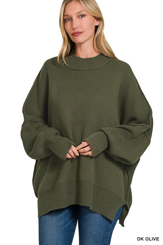 / Versatile Vibes Dark Olive Side Slit Oversized Sweater (Size L/XL)