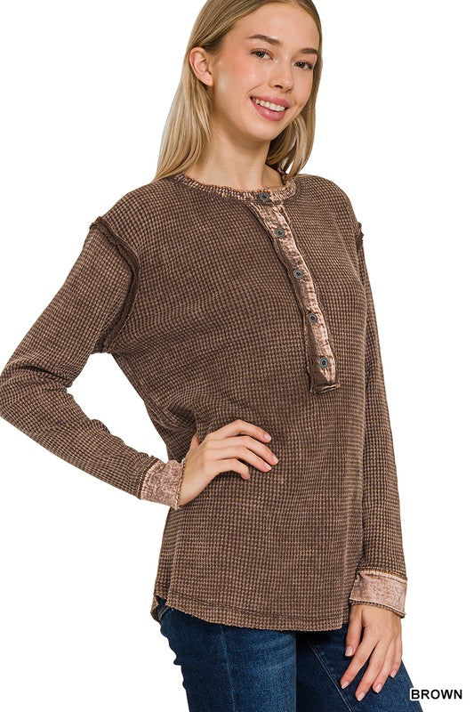 : Livin On The Edge Brown Henley Washed Waffle Top - Catching Fireflies Boutique