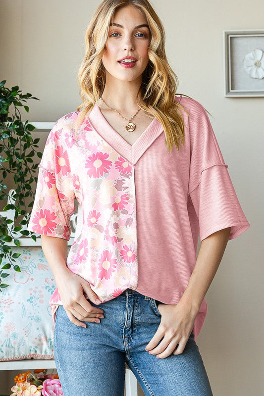 / Sweet Not Spicy Floral And Solid Dusty Pink Top