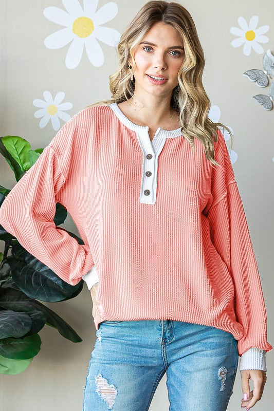 / Solitude In Coral Ribbed Partial Button Top - Catching Fireflies Boutique
