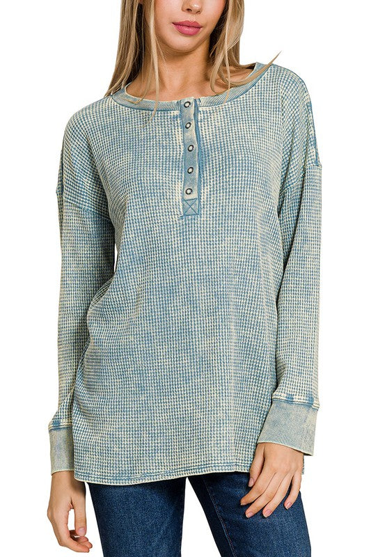 / Right This Way Blue Grey Waffle Top - Catching Fireflies Boutique
