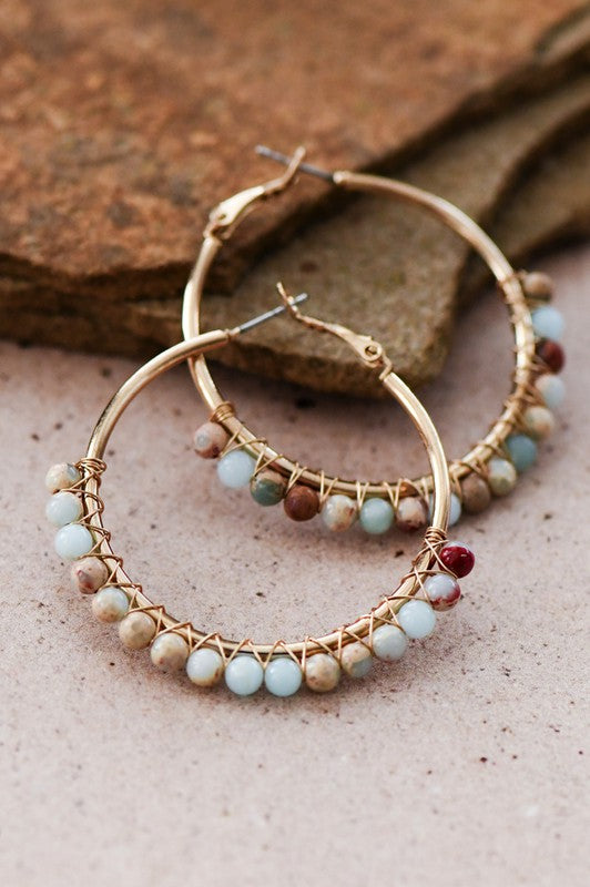 Jasper Semi-Precious Stone Bead Wrapped Hoop Earrings