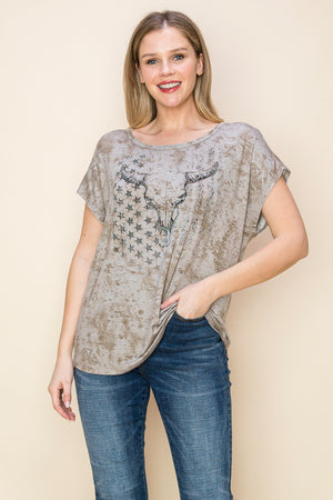 Settling Down Taupe Western Bull And Flag Graphic Top - Catching Fireflies Boutique
