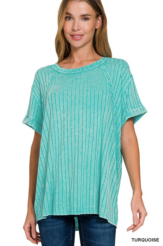 Vibrant Vibes Turquoise Boat Neck Acid Washed Top