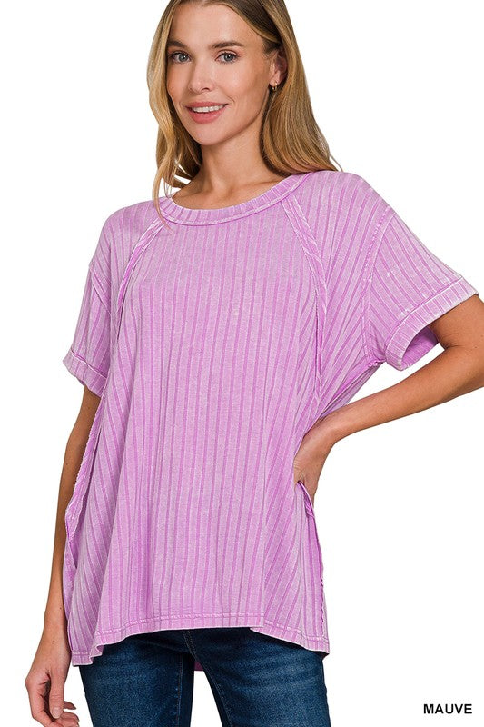 Vibrant Vibes Mauve Boat Neck Acid Washed Top