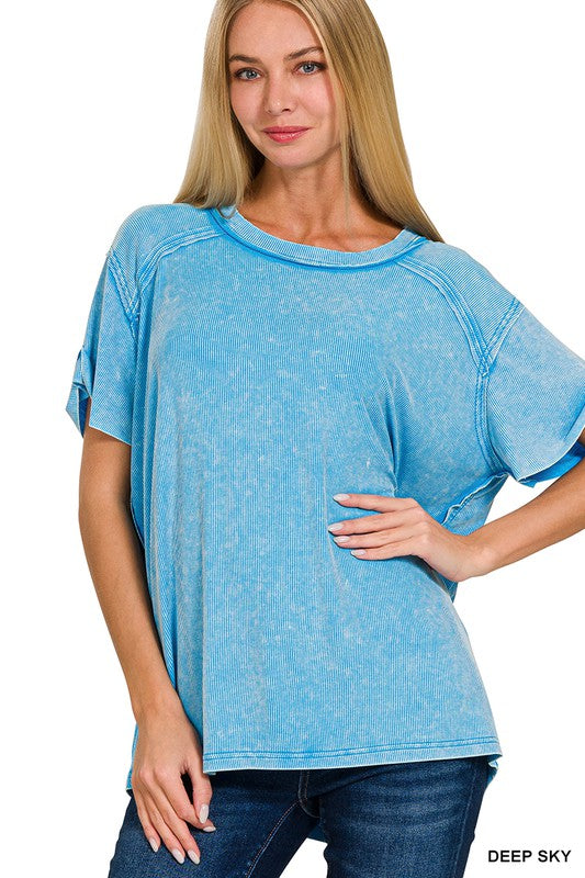 / Its A Wash Deep Sky Ribbed Boat Neck Top - Catching Fireflies Boutique