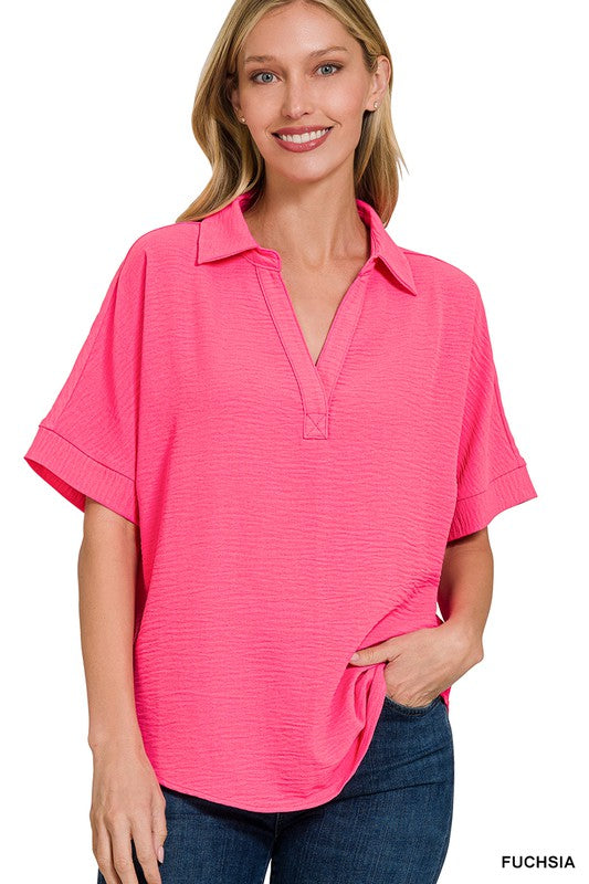 Here Lately Fuchsia V-Neck Shirt (Size Large) - Catching Fireflies Boutique