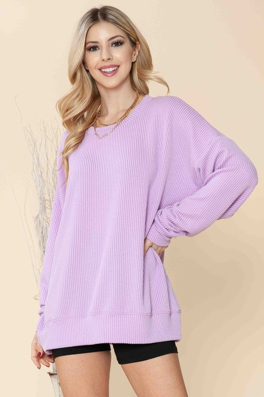 / Tirelessly Trendy Lavender Ribbed Oversize Sweatshirt - Catching Fireflies Boutique