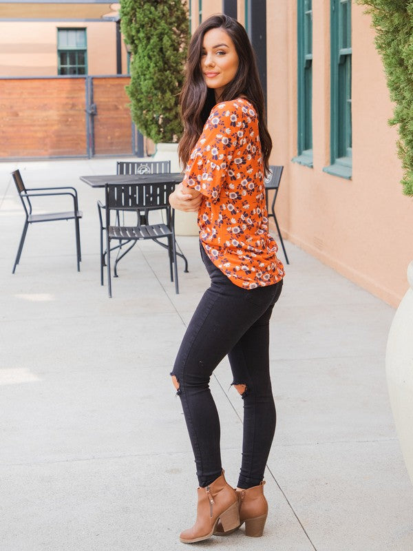 Honeysuckle Orange Floral Flare Sleeve Top