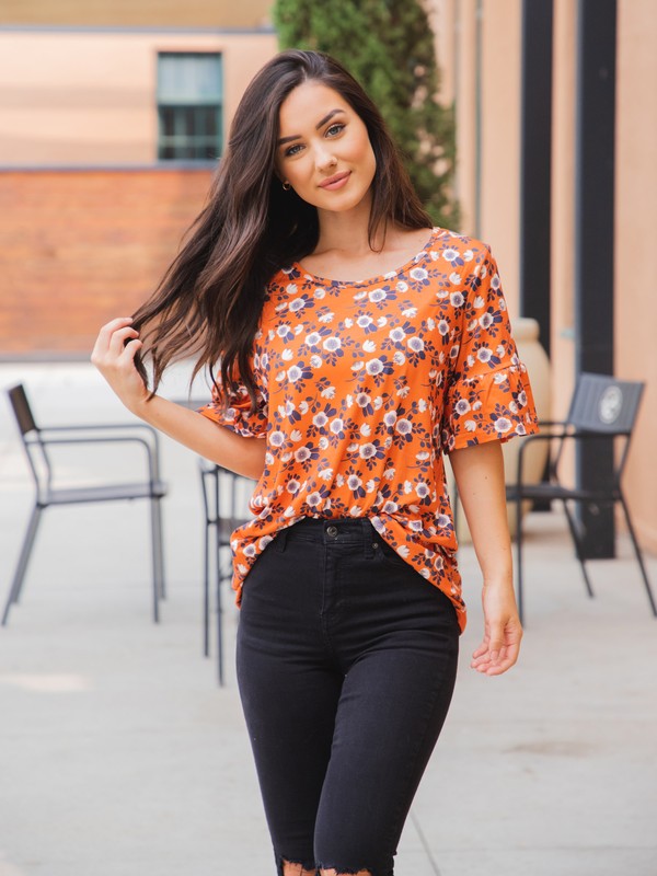 Honeysuckle Orange Floral Flare Sleeve Top