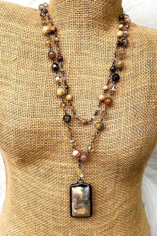 / Multi Strand Beaded And Stone Chain Pendant Necklace