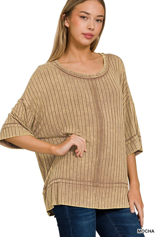 Sail Away Mocha Boat Neck Ribbed Top (Size L/XL)