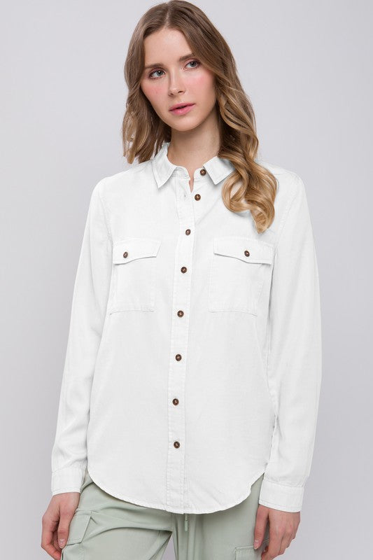 / Dish It Up Scoop Neck White Button Down Shirt - Catching Fireflies Boutique