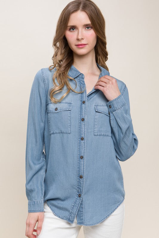 / Dish It Up Scoop Neck Blue Button Down Shirt - Catching Fireflies Boutique