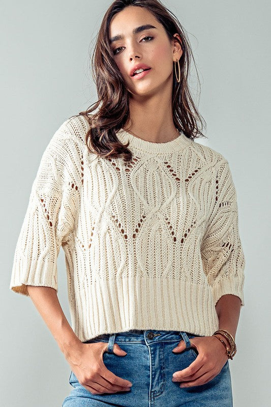 Morning Breaks Cream Cable Knit Crop Sweater (Size Large)