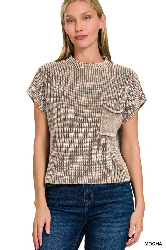 / Drifting Daydreams Mocha Mock Neck Short Sleeve Sweater Top (Size L/XL)