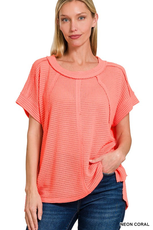 Ups And Downs Neon Coral Brushed Waffle Top (Size Small/Medium)