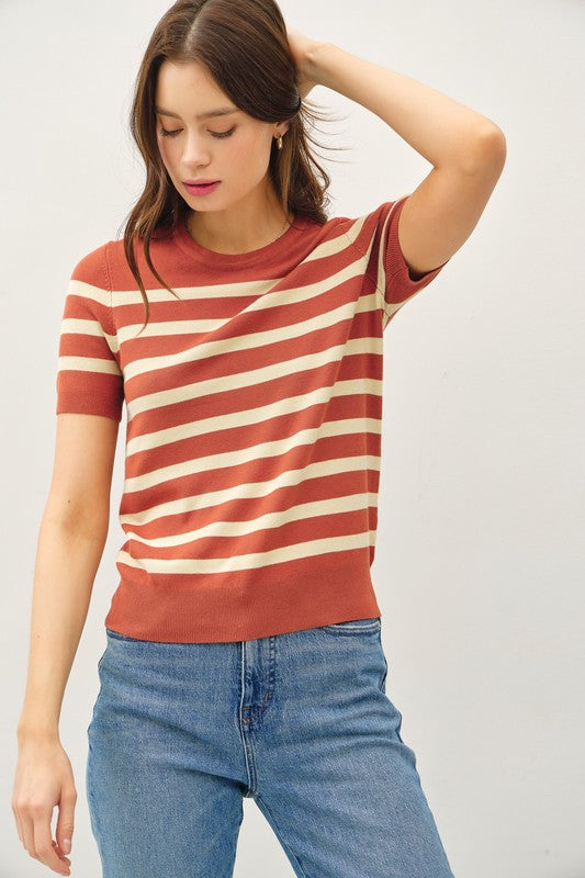 @/ Lining Things Up Rust Striped Short Sleeve Sweater Top