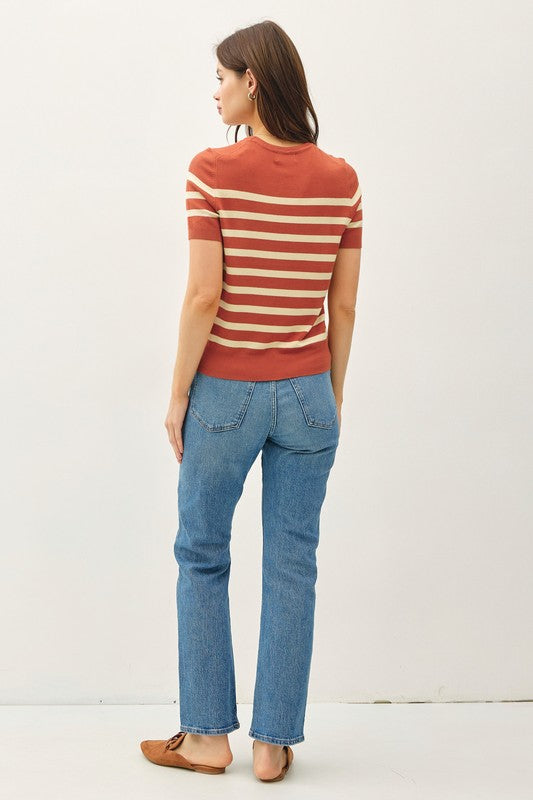 @/ Lining Things Up Rust Striped Short Sleeve Sweater Top