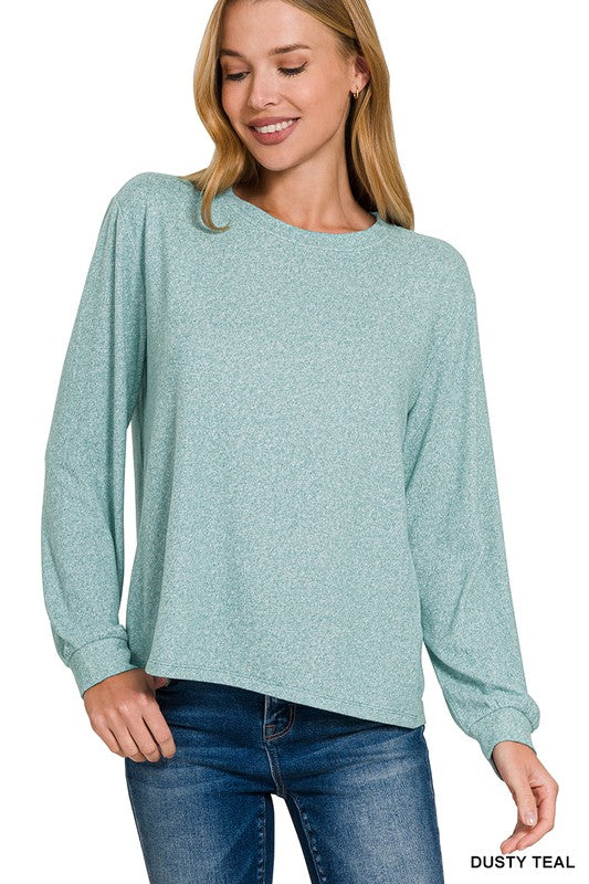 @/ More Than A Tee Soft Dusty Teal Melange Long Sleeve Tee