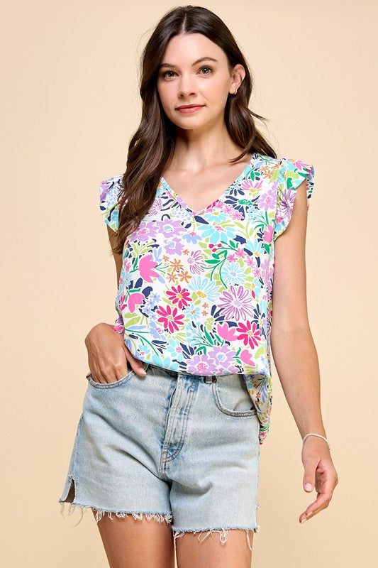 / Colorful Spaces Floral Cap Ruffle Sleeve Top