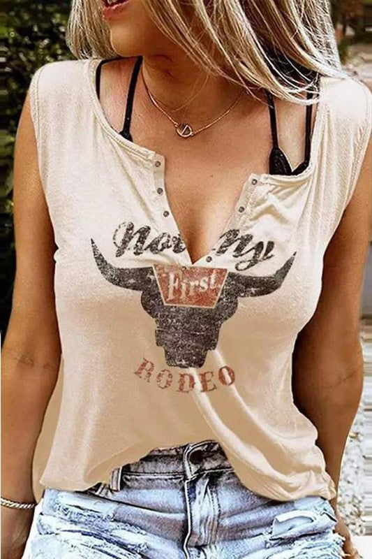 / Sleeveless Not My First Rodeo V Cut Tee (Size Small)