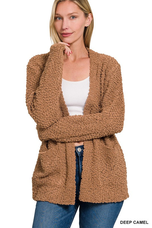 @Morning Coffee Deep Camel Popcorn Detail Open Cardigan