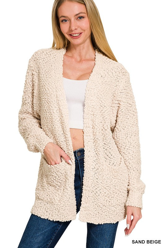 @/ Morning Coffee Sand Beige Popcorn Detail Open Cardigan (Size Medium)