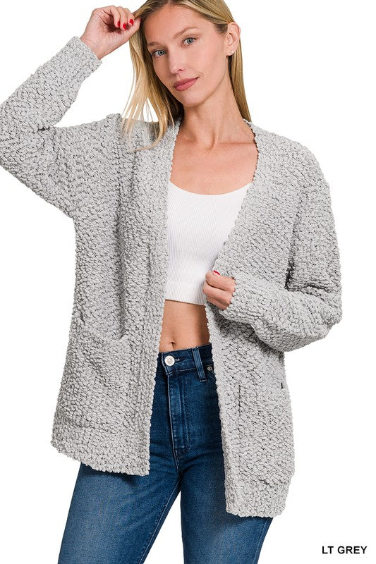 @Morning Coffee Light Grey Popcorn Detail Open Cardigan