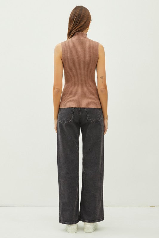 / As Easy As That Chocolate Ribbed Knit Sleeveless Sweater (Size S/M)