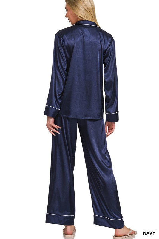 Luxurious Moments Navy Satin Pajama Set - Catching Fireflies Boutique