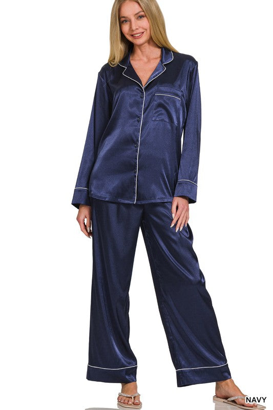 Luxurious Moments Navy Satin Pajama Set - Catching Fireflies Boutique