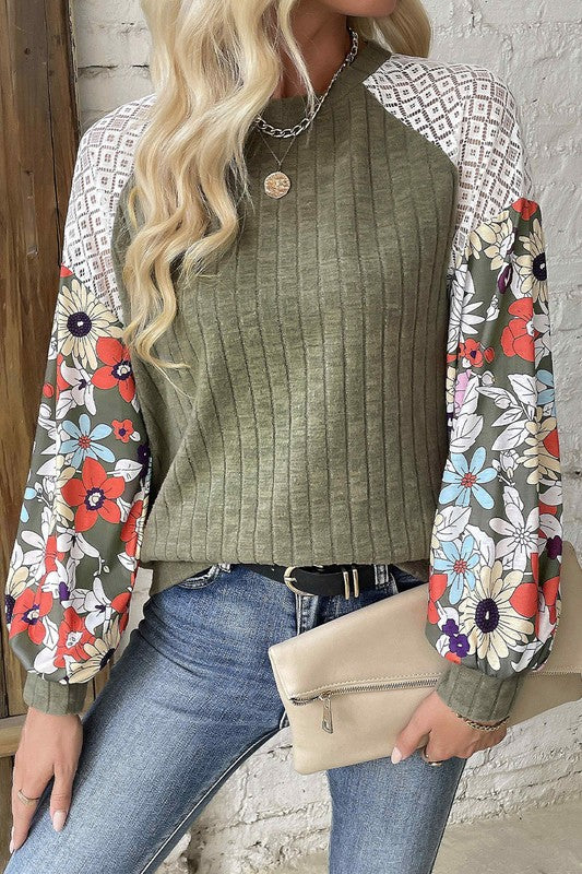 / Floral Laceability Green Floral Patchwork Blouse