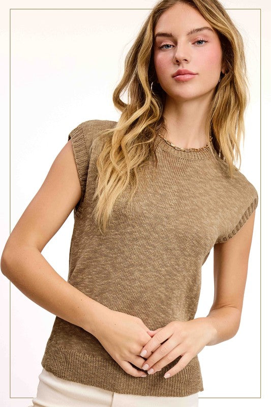 @/ Treasured Times Peanut Sleeveless Ribbed Knit Sweater Top