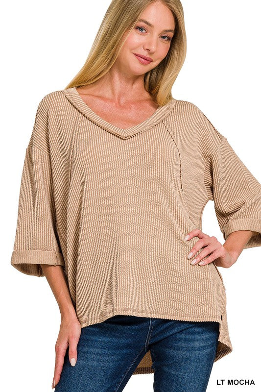 / Highs And Lows Light Mocha Corded Rib Knit Top (Size Small/Medium)